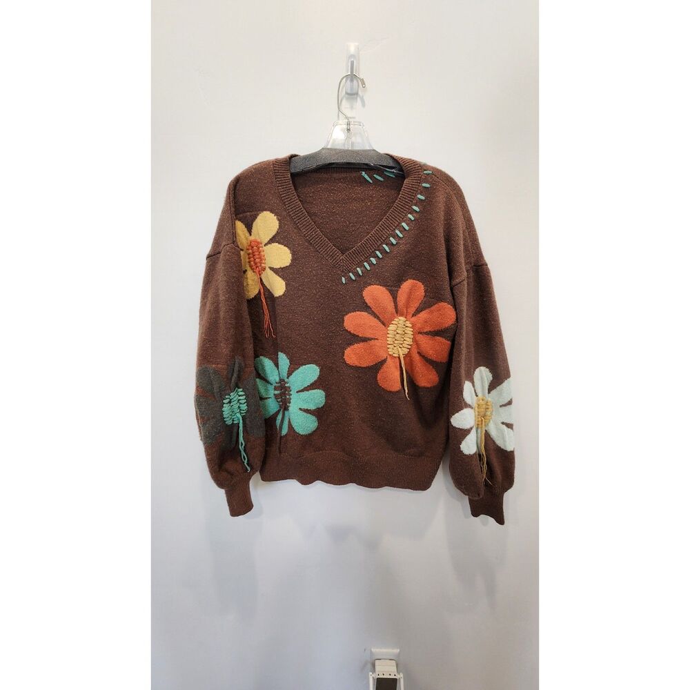 POL Groovy Bloom Floral Oversized V-Neck Knit BOHO Sweater – Chocolate Brown